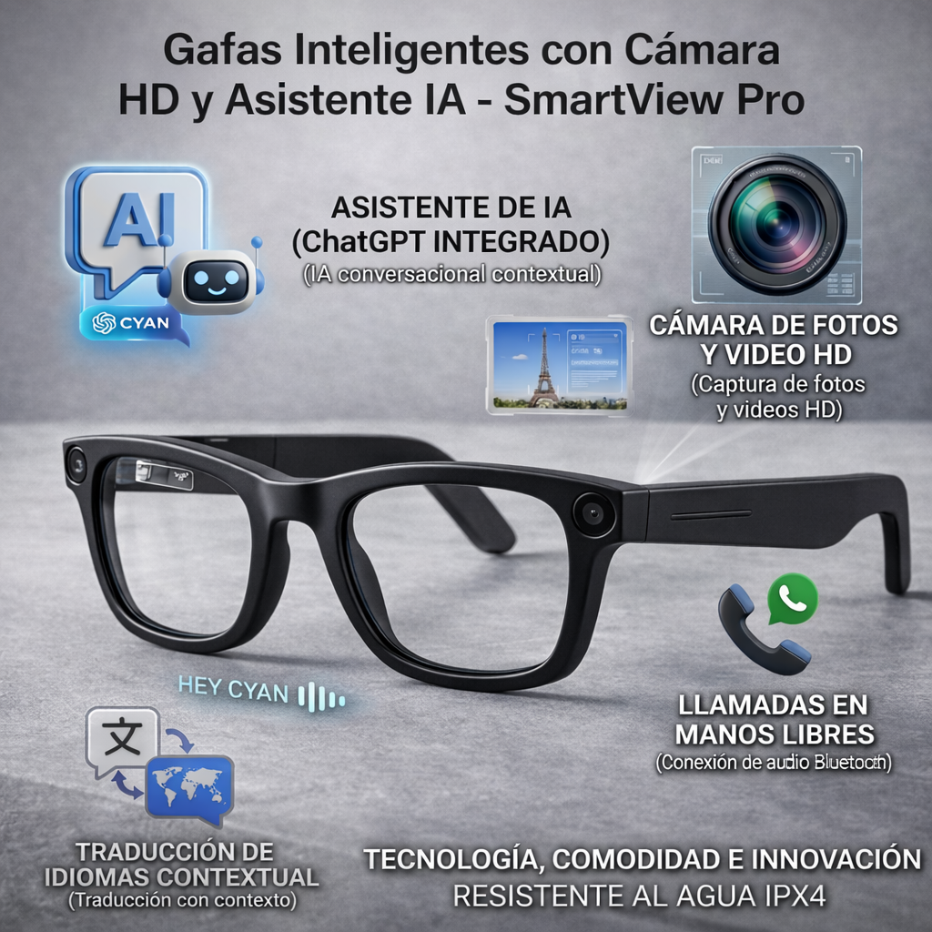 Gafas Inteligentes con Cámara HD y Asistente IA – SmartView Pro